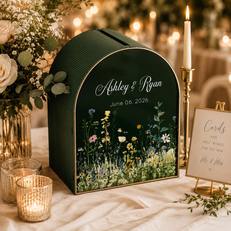 May include: A dark green wedding card box with a slot on top and a floral design. The box has gold trim and the names "Ashley & Ryan" and the date "June 06, 2026" are displayed. A small sign reads "Cards and well wishes for the new Mr. & Mrs."