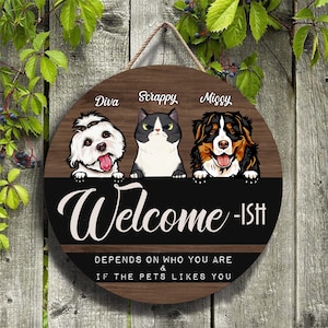 Personalized Welcome-ish Sign Custom Wooden Front Door Hanging For Pet Lovers Dog & Cat Decor