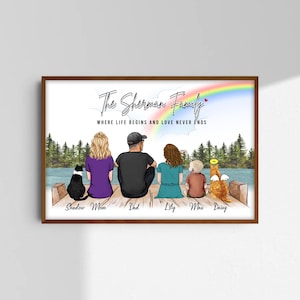 Custom Family Portrait With Cat Family With Kids Digital Download Cat Portrait Print Wall Art Big Family Drawing Personalized Memorial Gift