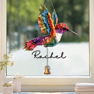Personalized Hummingbird Suncatcher with Name & Bell – Custom Window Hanging Gift
