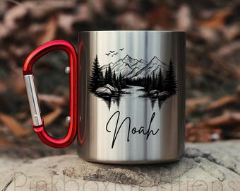 Personalized Adventure Mug with Carabiner | Custom Camping Gift | Outdoor Coffee Cup | Stainless Steel Travel Mug