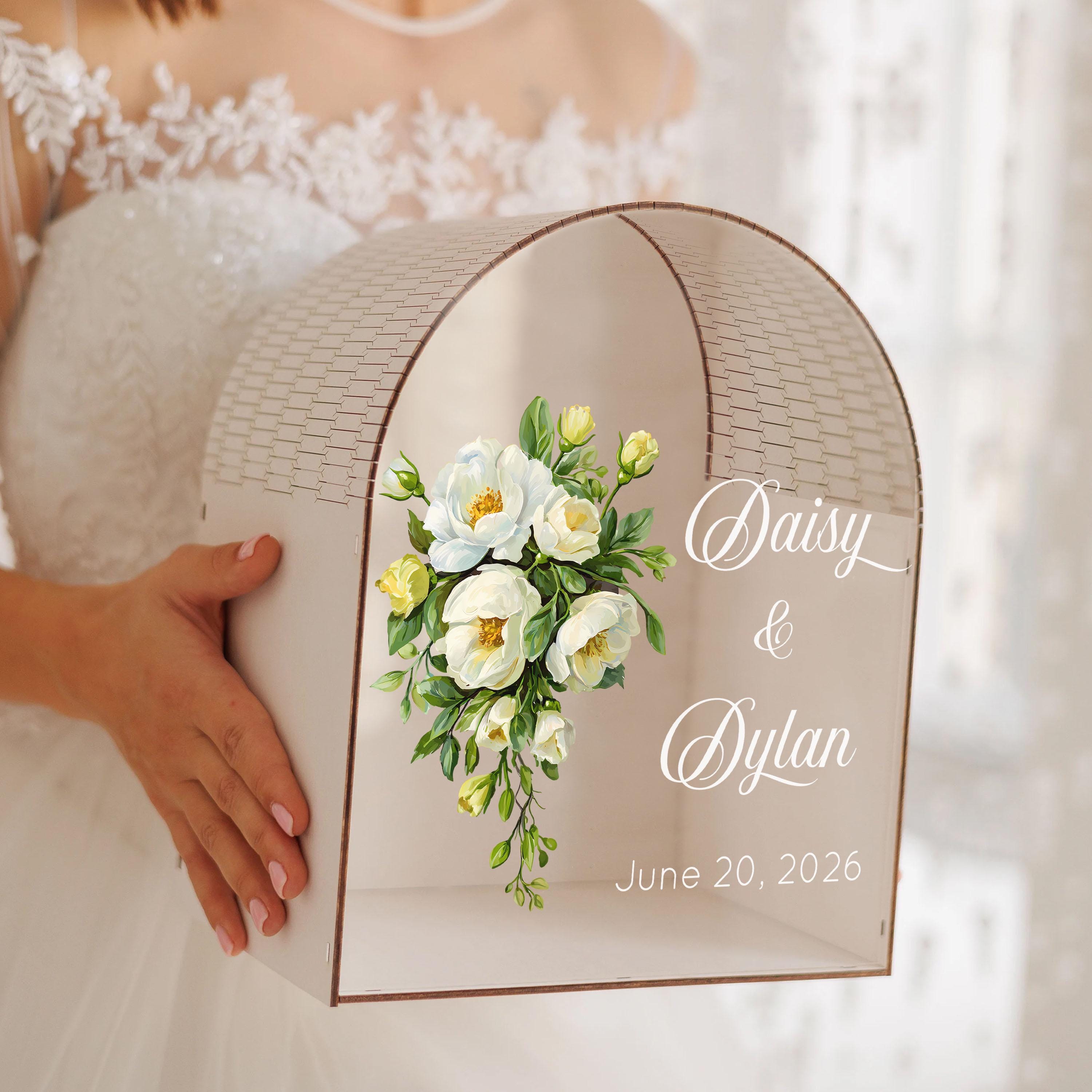 Personalized Names & Date Wedding Card Box • Custom Floral Arched Card ...