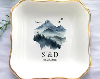 Personalized Ring Dish • Mountain Top Jewelry Dish • Engagement Gift • Wedding Gift • Custom Initials Name And Date For Engaged Couple