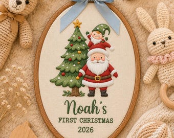 Personalized First Christmas Embroidery Hoop, Baby Christmas Embroidered Ornament, Custom Baby Name Keepsake, Santa Nursery Decor Gift
