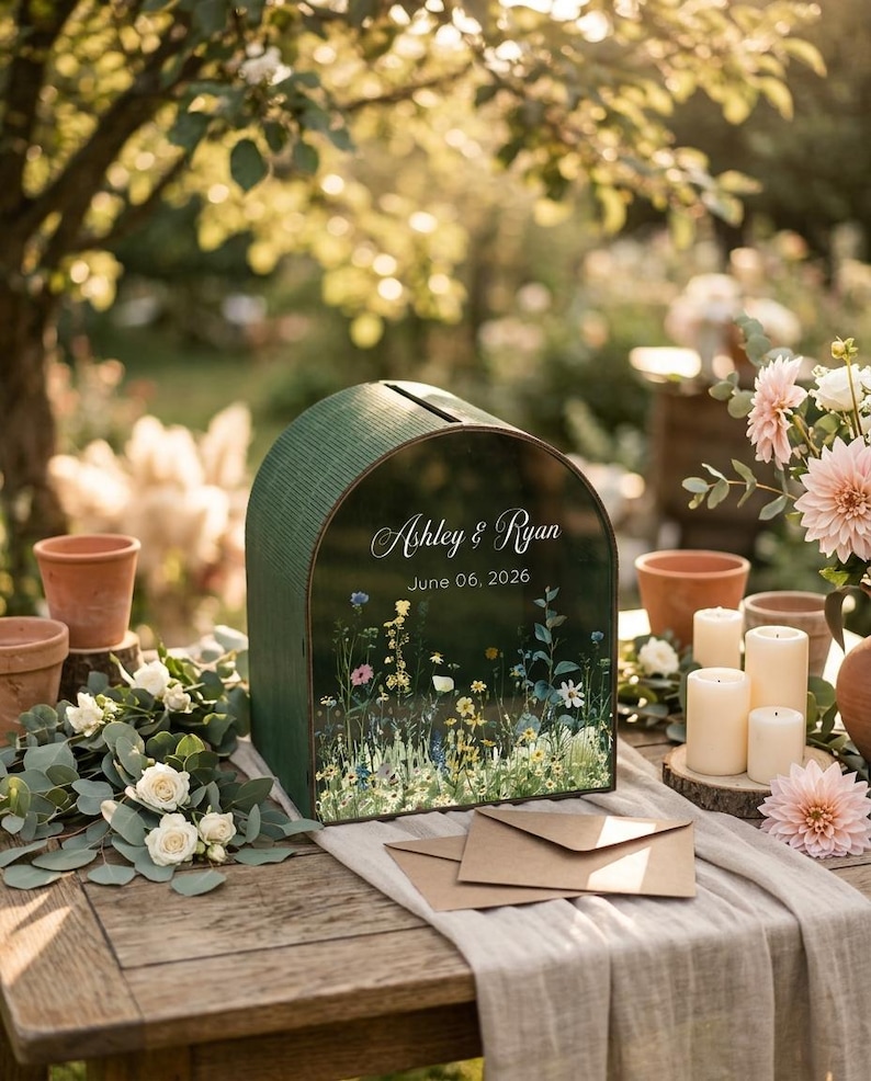 May include: A green wooden card box with a curved top, featuring the names "Ashley & Ryan" and the date "June 06, 2026." The box is decorated with a floral design and sits on a wooden table with envelopes and flowers.