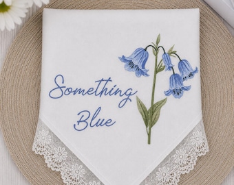 Something Blue Wedding Handkerchief, Embroidered Bridal Hankie, Blue Flower Lace Handkerchief, Bride Gift