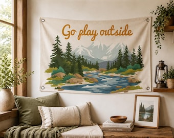 Go Play Outside Tapestry, Nature Wall Decor, Mountain Adventure Banner, Outdoor Nursery Decor, Camping Gift, Adventure Room Decor