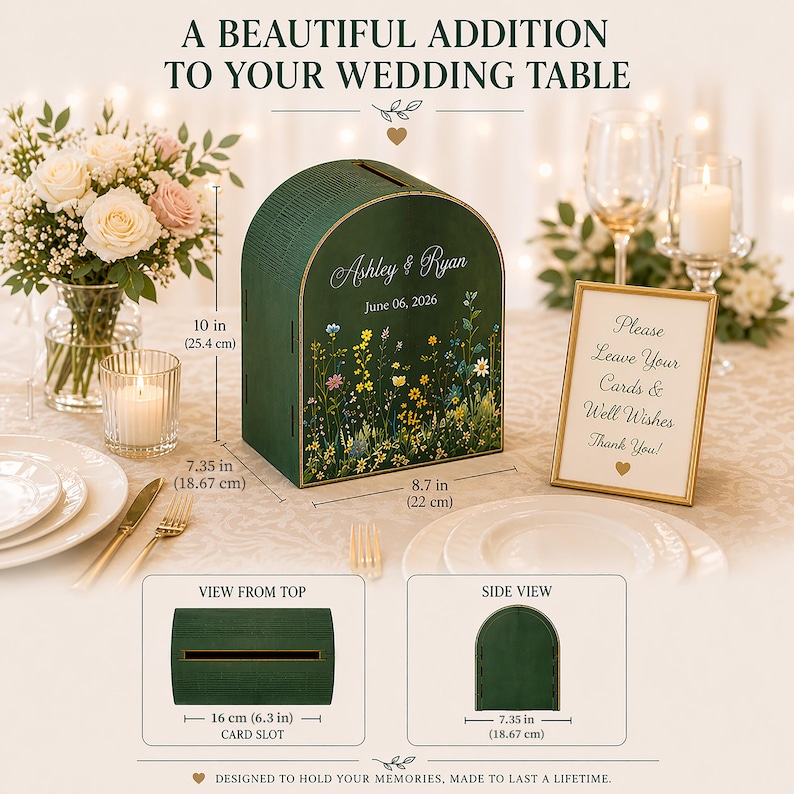 May include: A dark green wooden wedding card box with a floral design and the names "Ashley & Ryan" and the date "June 06, 2026". The box is 10 inches (25.4 cm) tall, 8.7 inches (22 cm) wide, and 7.35 inches (18.67 cm) deep. A sign reads "Please Leave Your Cards & Well Wishes Thank You!"