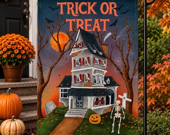 Personalized Halloween Garden Flag, Custom Haunted House Flag, Trick or Treat Welcome Yard Decor