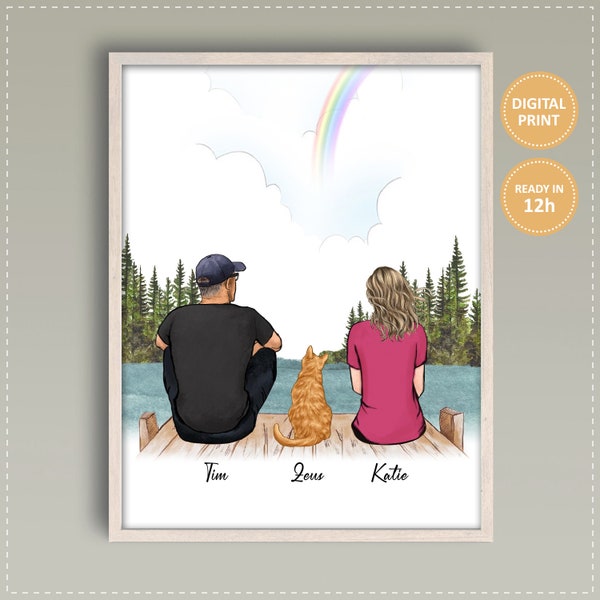 Parents And Cat Portrait Digital Download Owner & Cat Memorial Gift Custom Cat Family Portrait Print Personalized Gift For Cat Lovers