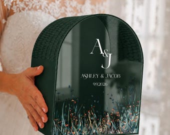 Personalized Wedding Card Box • Dark Green Acrylic Card Holder • Arched Wedding Mailbox • Custom Wedding Decor