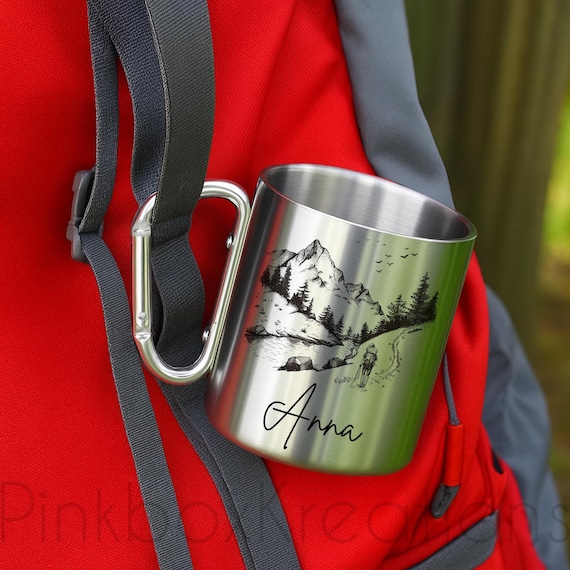 Personalized Hiking Mug | Custom Stainless Steel Carabiner Cup | Hiker Gift | Nature Coffee Mug | Backpacking Travel Mug