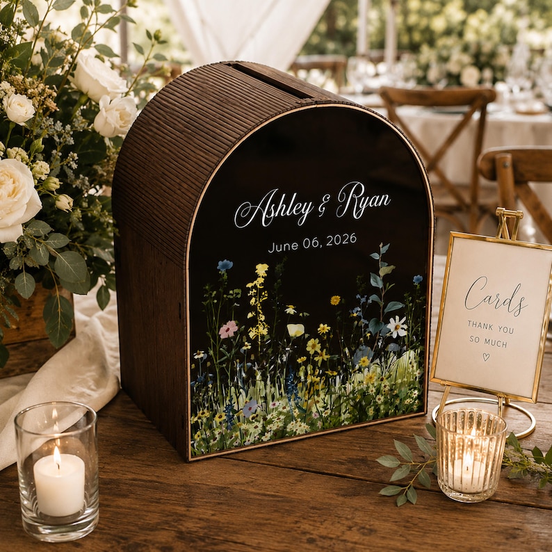 May include: A wooden wedding card box with a black front panel featuring the names "Ashley & Ryan" and the date "June 06, 2026". The panel has a floral design at the bottom. A small sign reads "Cards Thank You So Much".