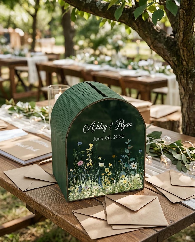 May include: A green wooden card box with a slot on top, featuring the names "Ashley & Ryan" and the date "June 06, 2026." The box is decorated with a floral design and sits on a wooden table with envelopes.