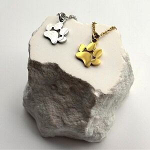 May include: Two necklaces with paw print pendants. One is silver-colored, the other is gold-colored. Both pendants are on delicate chains. The necklaces are displayed on a textured, off-white stone against a white background.