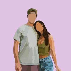 May include: A couple poses for a portrait. The man is wearing a green baseball cap and a light gray t-shirt. The woman is wearing a green tank top and blue jeans. They are standing close together and smiling.