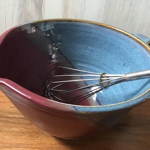 Handled Mixing Bowl with pour spout--handmade pottery mixing bowl--Raspberry/Twilight--6 cup ceramic batter bowl--hand-thrown stoneware bowl
