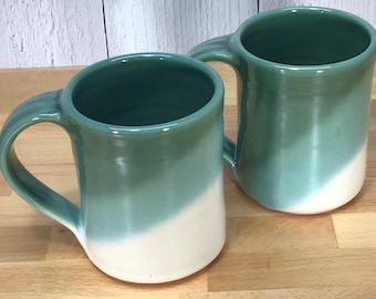 New Glaze Color! Set of 2 Handmade Pottery Mugs --Ivory and Fern-- Hand thrown ceramic mugs-- large 14-ounce mugs--hot or cold beverages