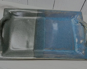 Handmade Pottery Handled Serving Tray--Slate/Twilight, Ceramic Bread/Appetizer Tray, Stoneware 8"x12" Platter