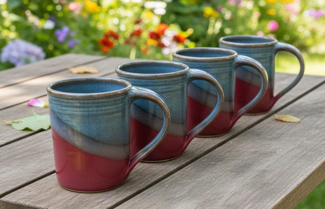 4 Handmade Pottery Mugs--raspberry/twilight--14 Oz Ceramic Mugs ...