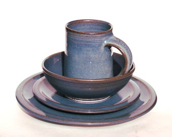 Single 4-piece place setting--Twilight--handmade stoneware pottery dinnerware--ceramic 1 each:dinner plate, salad plate, soup bowl, mug