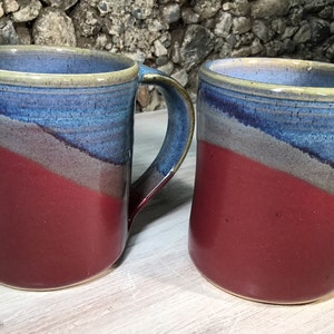 Set of 2 Large Handmade Ceramic Mugs--Raspberry/Twilight--hand thrown pottery mugs--14-ounce handcrafted stoneware coffee/tea mugs--