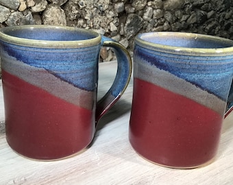 Set of 2 Large Handmade Ceramic Mugs--Raspberry/Twilight--hand thrown pottery mugs--14-ounce handcrafted stoneware coffee/tea mugs--
