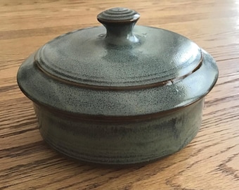 Handmade Stoneware Pottery Jar with Lid, Rustic Green Ceramic Storage Container