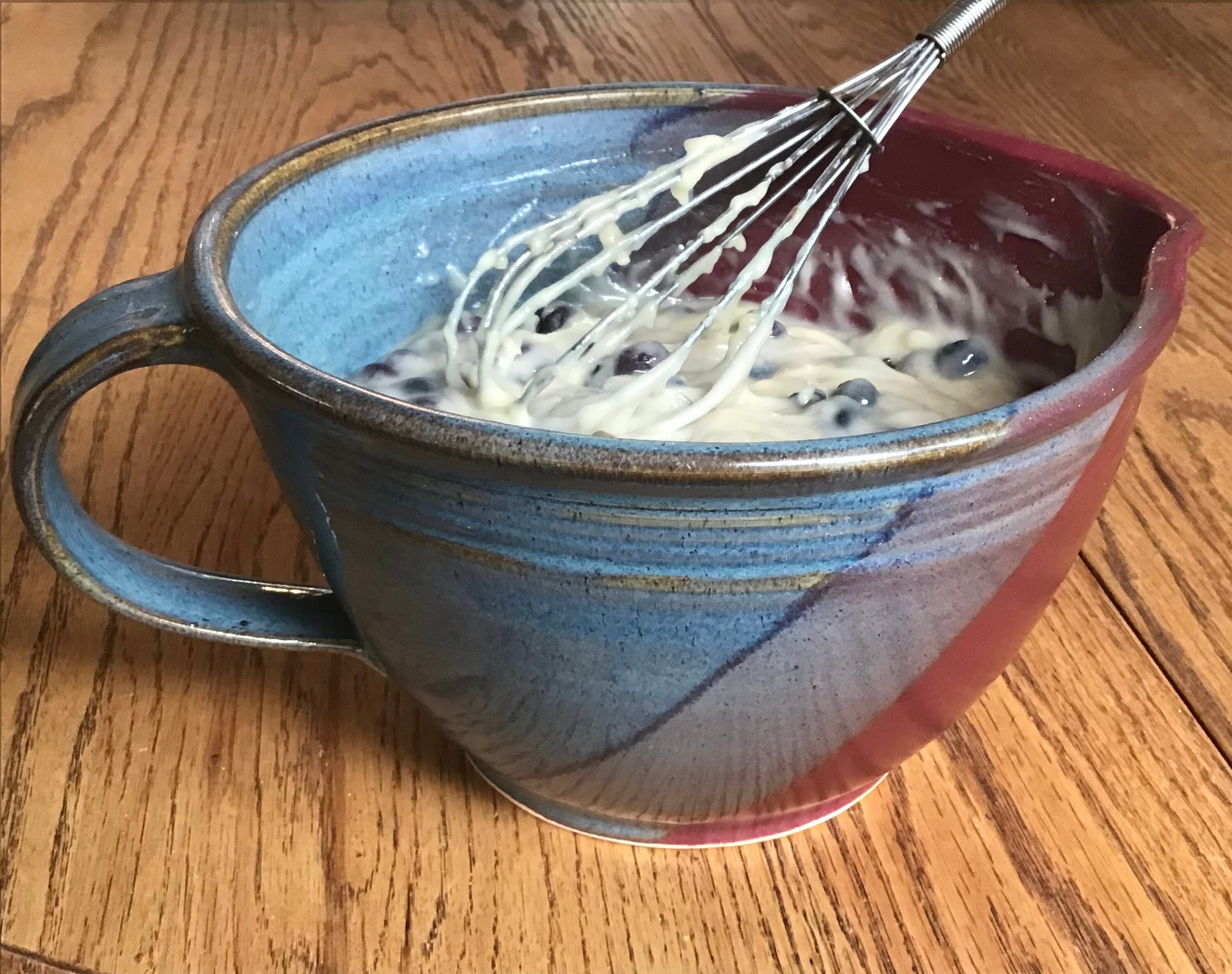 Blue Speckled Enamelware Mixing Bowl With Handle or VERY LARGE Coffee Mug  Great Condition8 X 4.5 Deep 