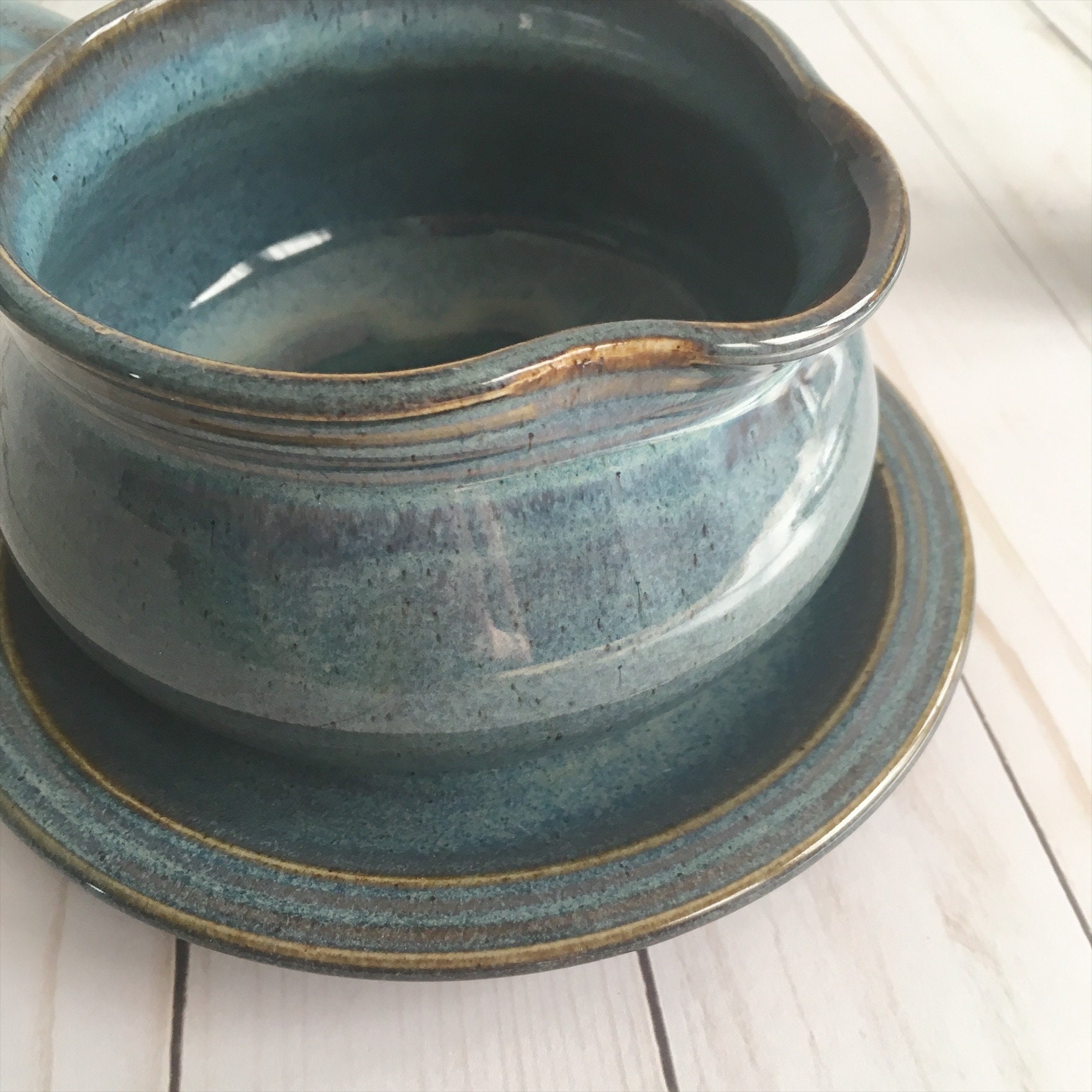 Gravy Boat -- Handmade Ceramic Gravy Boat with serving plate - Blue S…