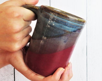 Handmade Pottery Large Mug--hand thrown ceramic mug--Raspberry/Twilight--Large 14-ounce coffee or tea mug--hot or cold beverages