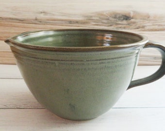 Handmade Pottery Mixing Bowl with Spout--Slate Glaze--6-Cup Stoneware Batter Bowl--Ceramic Handled Mixing Bowl