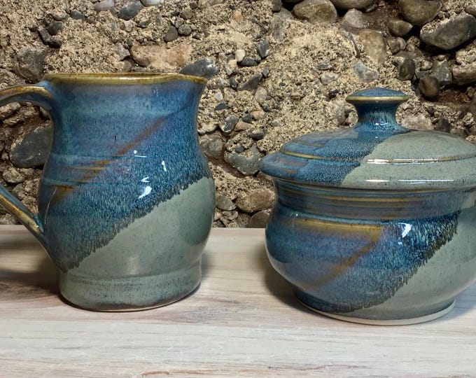 Handmade Stoneware Creamer and Sugar Set--Slate Twilight--Ceramic, stoneware small pitcher and matching lidded bowl