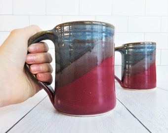 Set of 2 Large Handmade Ceramic Mugs--Raspberry Red/ Twilight Blue hand thrown pottery mugs--2 large 14-ounce mugs--hot or cold beverages