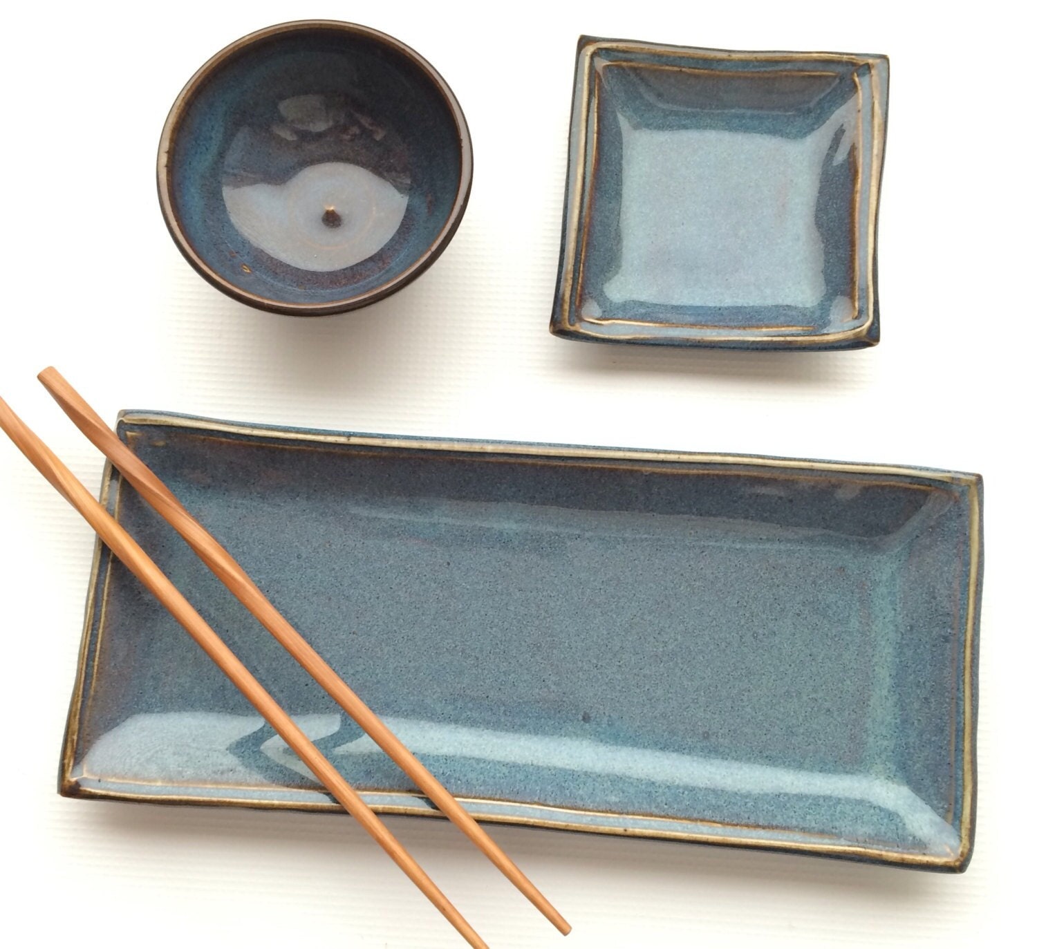 Dish, and Pottery Dipping Square Handmade Tray, Sushi 3-piece Bowlperfect Etsy Set Set Serving Sushi twilight-ceramic Setrectangle Sushi -