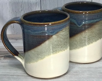 New Glaze Color! Set of 2 Large Handmade Pottery Mugs--Ivory/Twilight--hand thrown pottery mugs--2 large 14-ounce mugs--hot/cold beverages