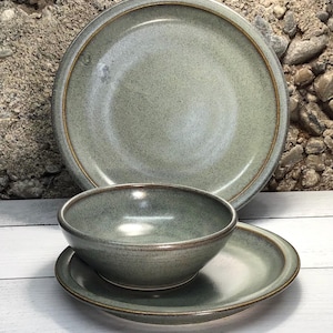 Handmade Pottery Dinnerware Set for 8--Slate--Ceramic 3-piece place settings include stoneware dinner plate, dessert plate, soup bowl