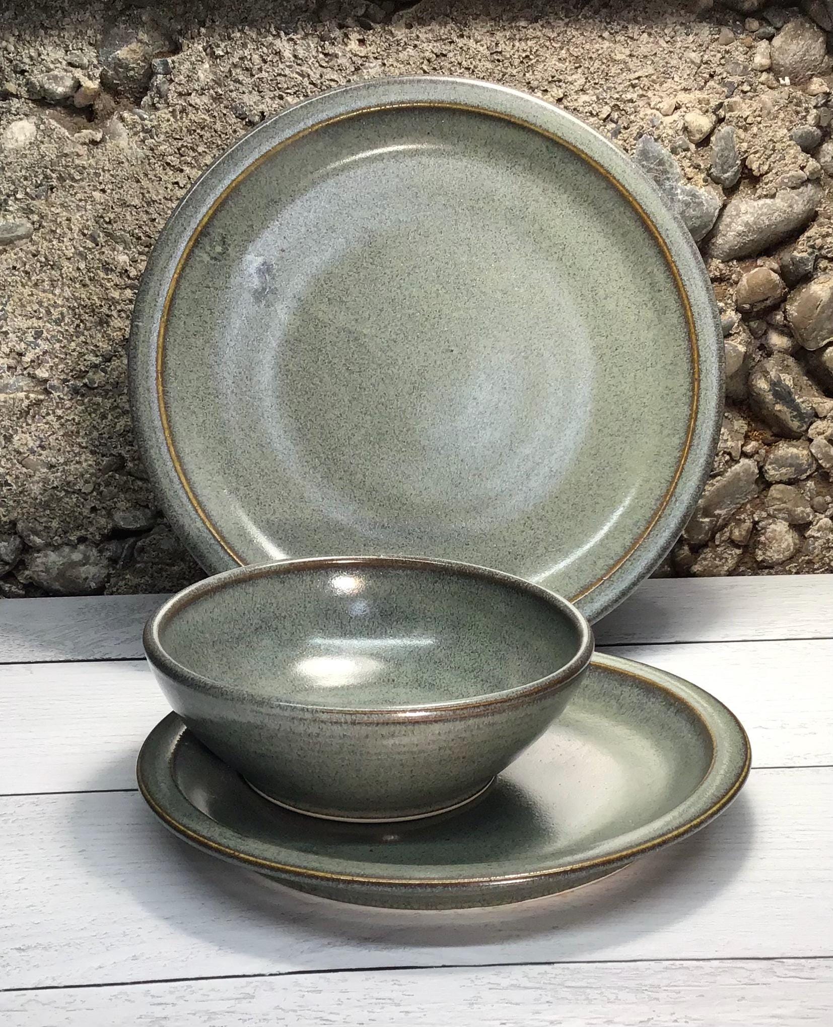 8 Three-piece place setting dinnerware--Slate--Handmade pottery dinnerware--dinner plate, dessert plate, soup bowl--dinnerware set--plates