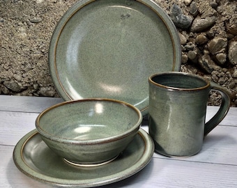 Single 4-piece place dinnerware setting--Slate Glaze--handmade pottery dinnerware-dinner plate, salad plate, soup bowl, mug-Ceramic dishware