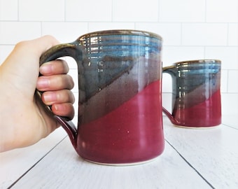 Set of 4 Large Handmade Ceramic Mugs--Raspberry Red/Twilight Blue—Handmade Pottery Coffee Mug--Ceramic Handmade Tea Mug--hot or cold drinks