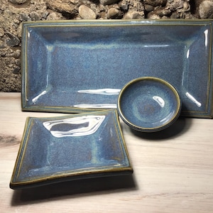 Handmade Pottery Sushi Serving Set -Twilight-Ceramic 3-piece Sushi Set--hand-built stoneware rectangle tray, square dish, and dipping bowl
