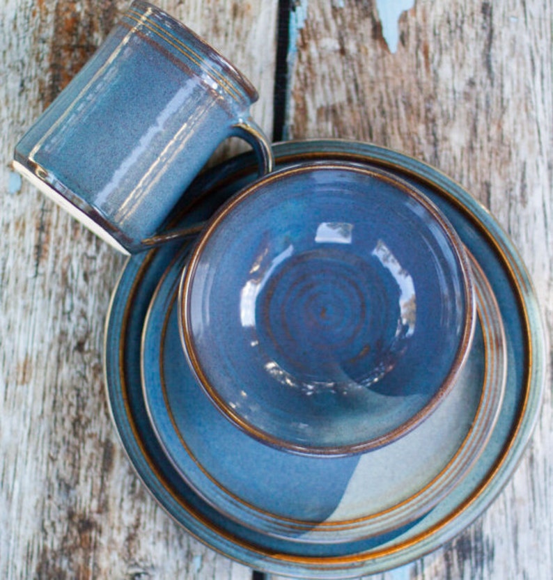 Blue Stoneware Dinnerware Plate Sets 4 Piece Ceramic Etsy