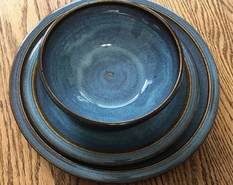 Single 3-piece place setting-handmade pottery dinnerware-dinner plate, salad plate, soup bowl-Twilight Blue Glaze--handmade ceramic dishware