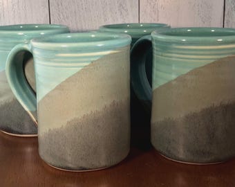 Handmade Stoneware Mugs--Set of Four--Slate/Aqua--14oz Pottery Mugs--Ceramic Set of Coffee/Tea Cups
