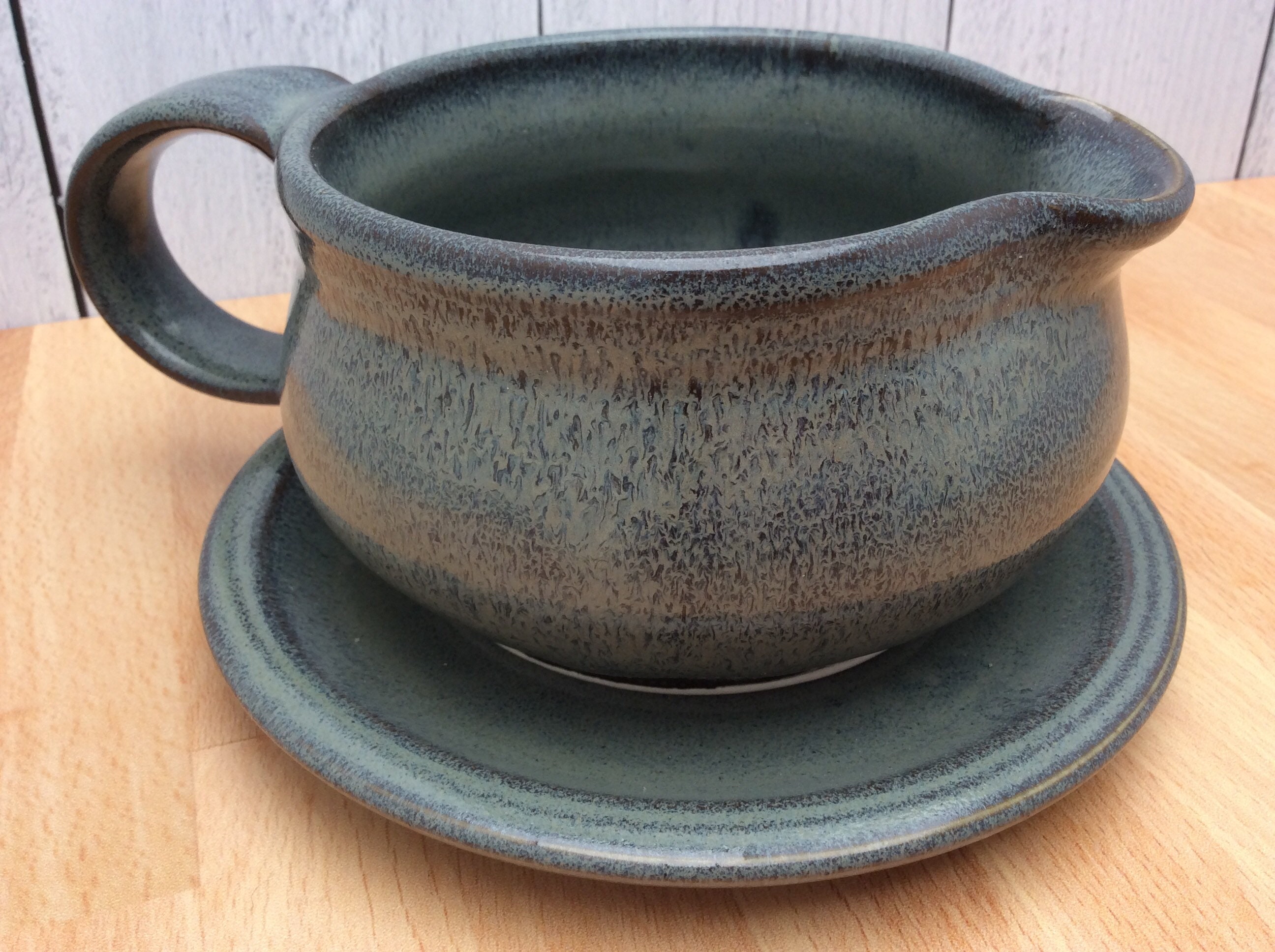 Handmade Pottery Gravy Boat with Drip Plate--Slate--ceramic 2-piece gravy boat--serving set--gravy serving set—2-cup capacity