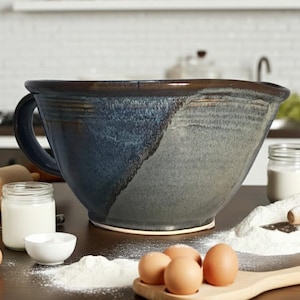Handled Mixing Bowl with Spout: Slate/Twilight-6-cup Ceramic Batter Bowl--Handmade Stoneware Pottery