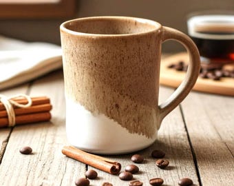 Handmade Stoneware Mug--Ivory and Nutmeg Glaze--14-oz Handcrafted Pottery Mug--Ceramic Coffee Cup
