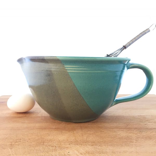 Pottery Handled Mixing Bowl with pouring spout--Slate Aqua Glaze--hand thrown ceramic bowl--handmade pottery mixing bowl--6-cup batter bowl