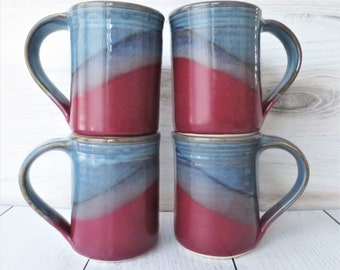 Set of four Large Mugs--Raspberry/Twilight--14 oz handmade ceramic mugs--pottery mug set--hot or cold beverages--large 14-ounce mug set