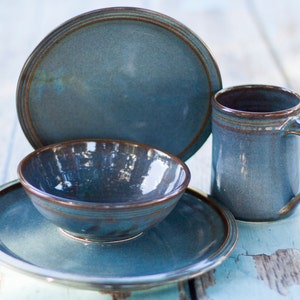 Single 4-piece Dinnerware place setting--Twilight Blue Glaze--handmade stoneware pottery dishware-dinner plate, salad plate, soup bowl, mug